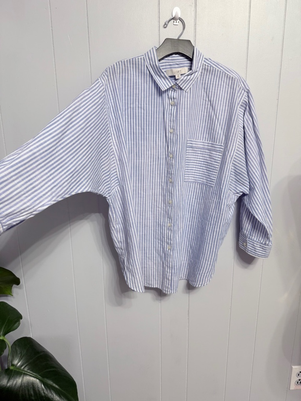 #5)  LOFT Light Blue & White Vertical Stripe Button-Down Shirt